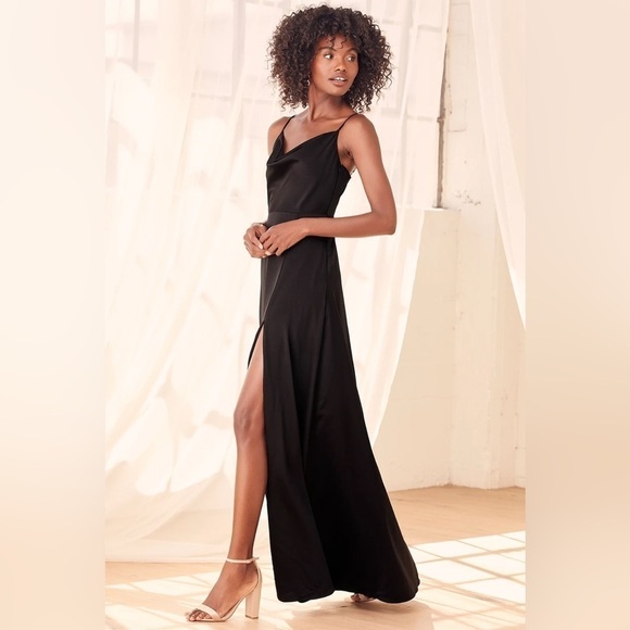 Lulus Satin Cowl Neck Front High Slit Strappy Romantic Maxi Dress In Black - Picture 1 of 10